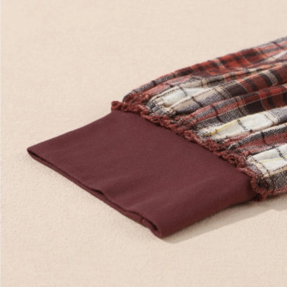 Red Floral Plaid Mixed Print Bishop Sleeve Patchwork Top - Picture 6 of 9